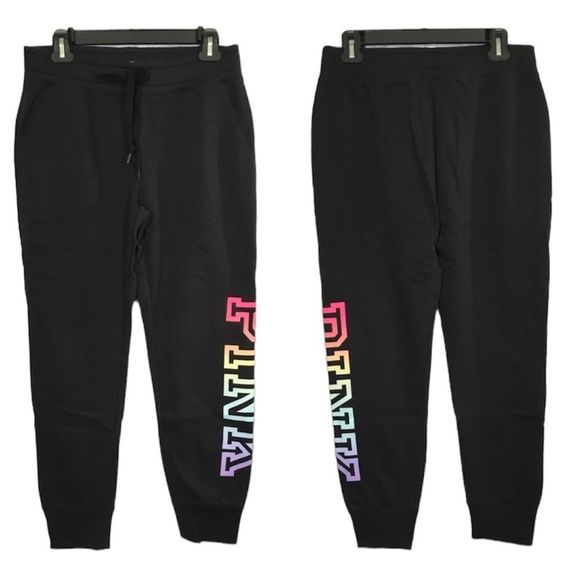 NWT VS PINK EVERYDAY LOUNGE SKINNY JOGGER SWEATPANTS BLACK/RAINBOW LOGO PRINT - Picture 2 of 14